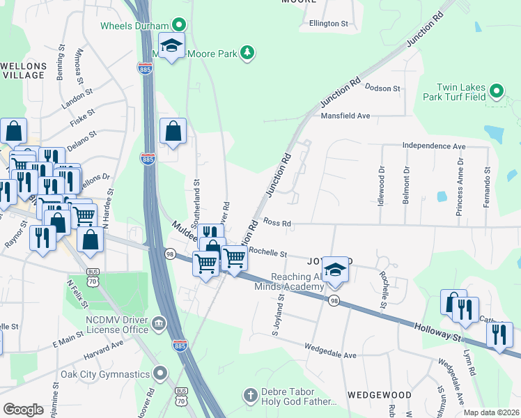 map of restaurants, bars, coffee shops, grocery stores, and more near 224 North Hoover Road in Durham