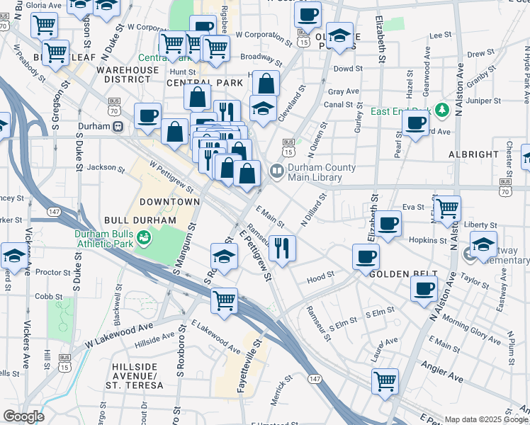 map of restaurants, bars, coffee shops, grocery stores, and more near 318 Liberty Street in Durham