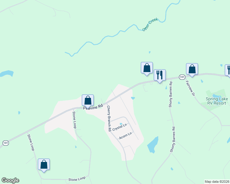 map of restaurants, bars, coffee shops, grocery stores, and more near 3653 Peavine Road in Crossville