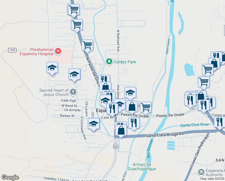 map of restaurants, bars, coffee shops, grocery stores, and more near 243 North Paseo De Onate in Española
