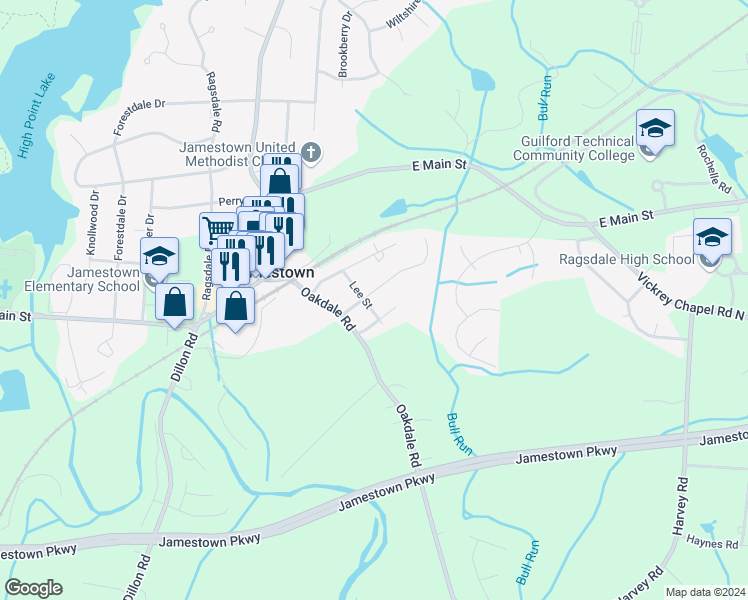 map of restaurants, bars, coffee shops, grocery stores, and more near 200 Jackson Street in Jamestown