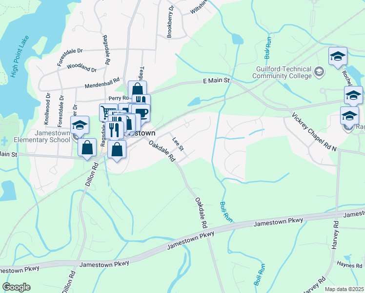 map of restaurants, bars, coffee shops, grocery stores, and more near 200 Jackson Street in Jamestown