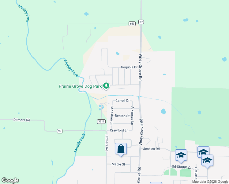 map of restaurants, bars, coffee shops, grocery stores, and more near 891 Bonnie Scotland Drive in Prairie Grove
