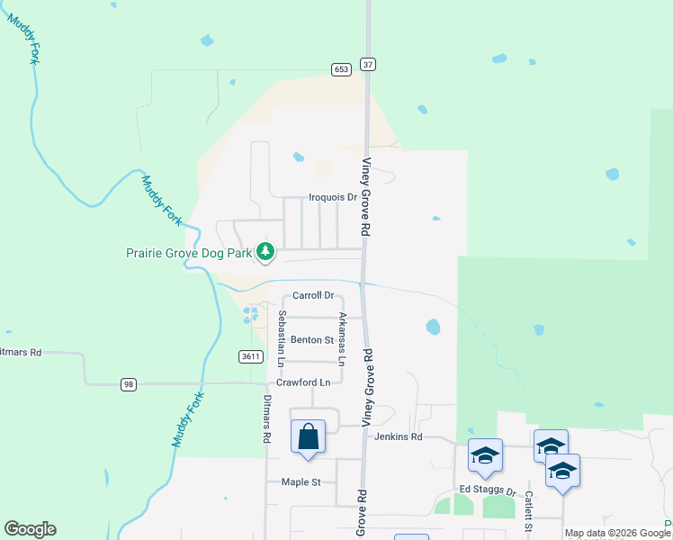 map of restaurants, bars, coffee shops, grocery stores, and more near 731 Bonnie Scotland Drive in Prairie Grove