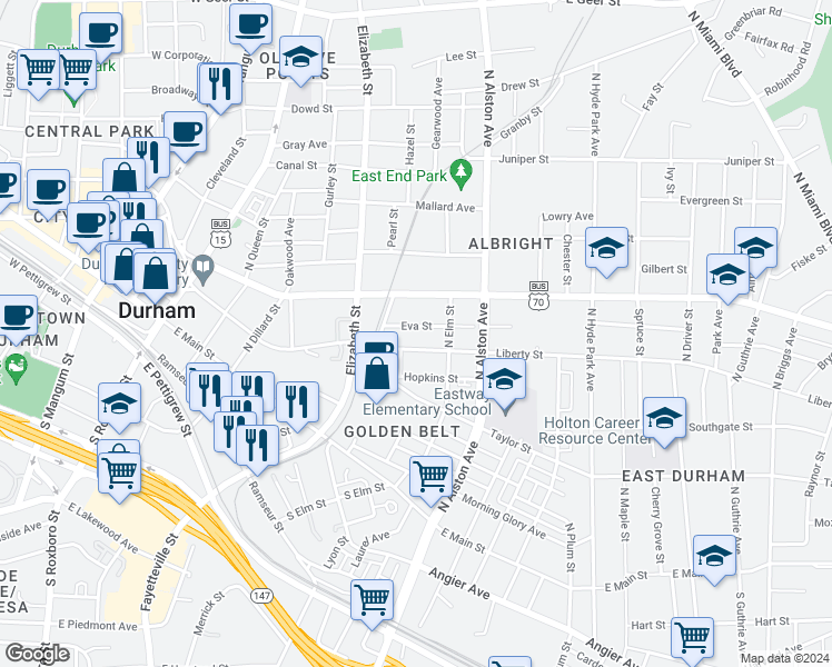 map of restaurants, bars, coffee shops, grocery stores, and more near 714 Eva Street in Durham