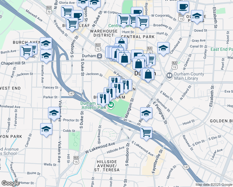 map of restaurants, bars, coffee shops, grocery stores, and more near 300 Blackwell Street in Durham