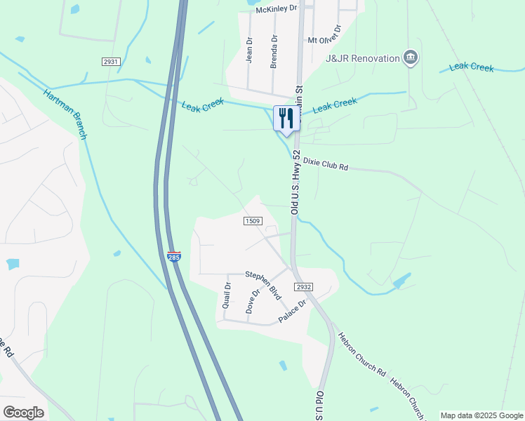 map of restaurants, bars, coffee shops, grocery stores, and more near 201 Leisure Time Lane in Winston-Salem