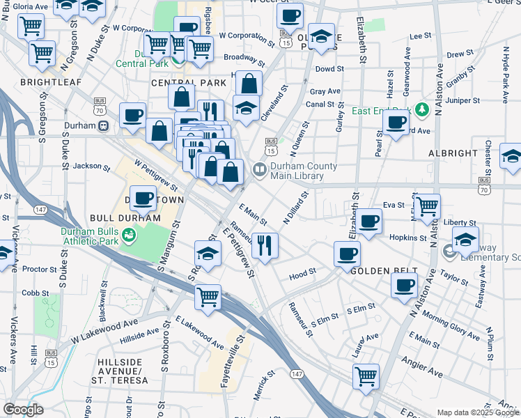 map of restaurants, bars, coffee shops, grocery stores, and more near 327 East Main Street in Durham