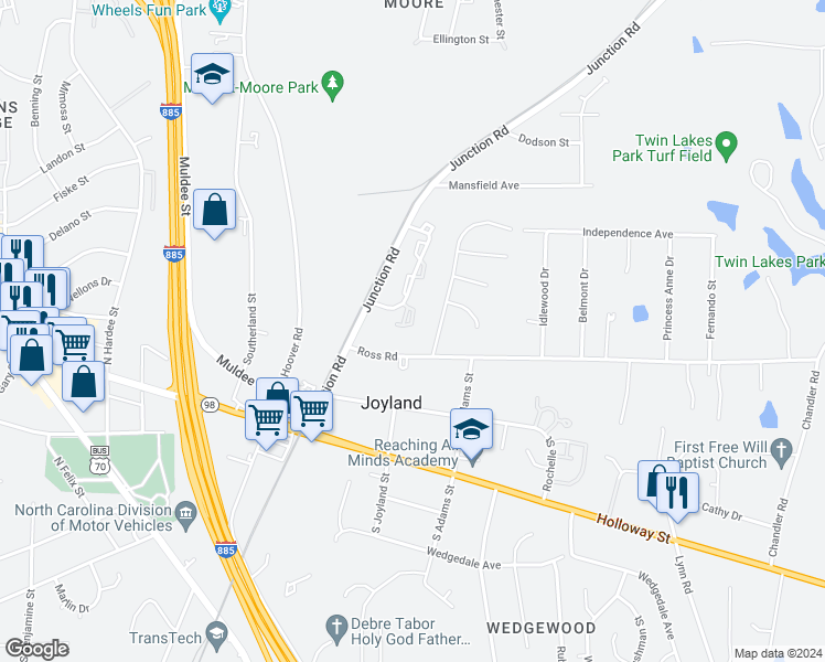 map of restaurants, bars, coffee shops, grocery stores, and more near 322 Junction Road in Durham
