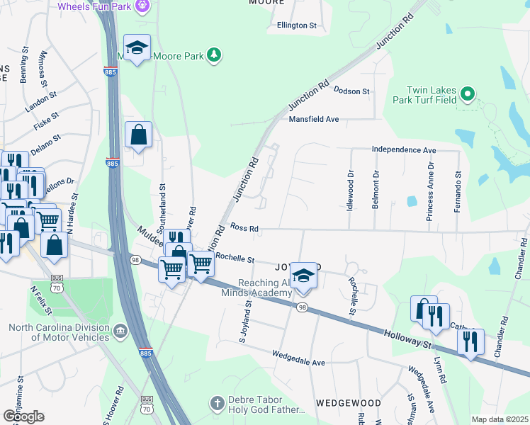 map of restaurants, bars, coffee shops, grocery stores, and more near 322 Junction Road in Durham