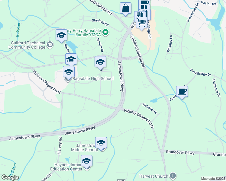 map of restaurants, bars, coffee shops, grocery stores, and more near 4509 Merlin Drive in Greensboro