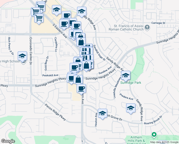 map of restaurants, bars, coffee shops, grocery stores, and more near 2574 New Morning Avenue in Henderson