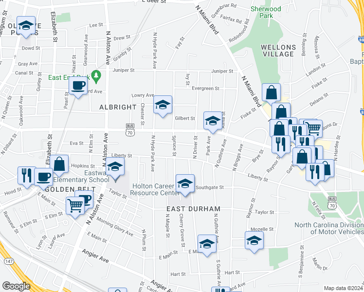 map of restaurants, bars, coffee shops, grocery stores, and more near 1208 Eva Street in Durham