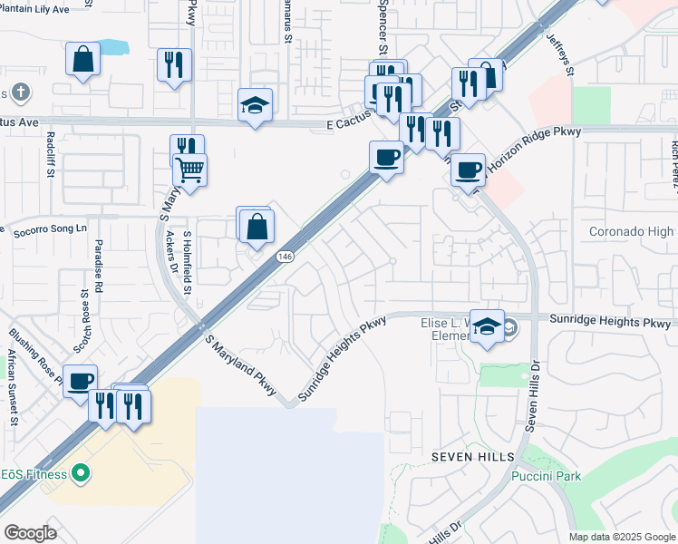 map of restaurants, bars, coffee shops, grocery stores, and more near 917 Bluebell Brook Street in Henderson