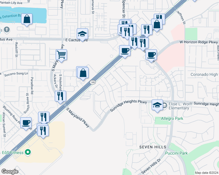 map of restaurants, bars, coffee shops, grocery stores, and more near 917 Bluebell Brook Street in Henderson
