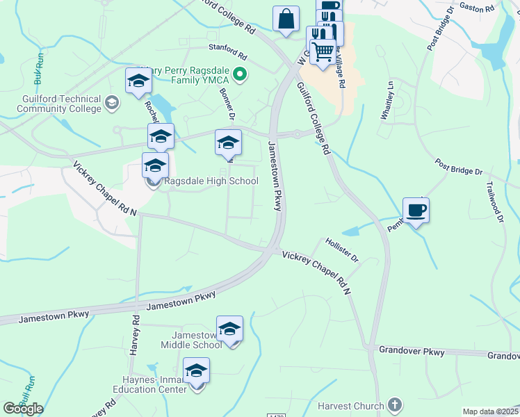 map of restaurants, bars, coffee shops, grocery stores, and more near 4509 Merlin Drive in Greensboro