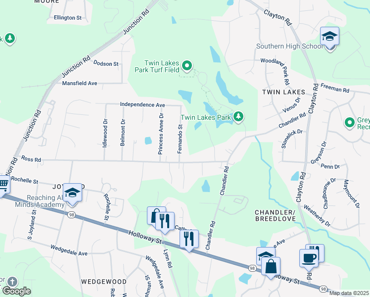 map of restaurants, bars, coffee shops, grocery stores, and more near 412 Fernando Street in Durham