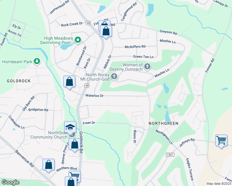 map of restaurants, bars, coffee shops, grocery stores, and more near 1240 Waterloo Drive in Rocky Mount