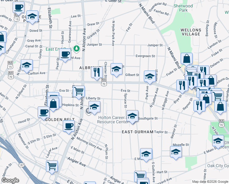 map of restaurants, bars, coffee shops, grocery stores, and more near 803 North Hyde Park Avenue in Durham