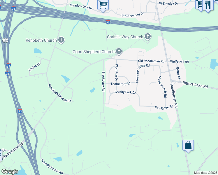 map of restaurants, bars, coffee shops, grocery stores, and more near 4502 Gray Wolf Way in Greensboro