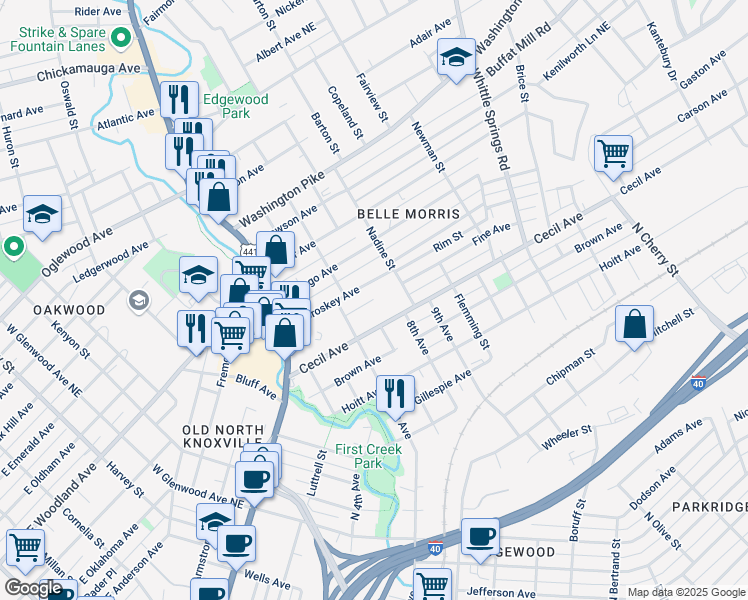 map of restaurants, bars, coffee shops, grocery stores, and more near 1698 Luck Avenue Northeast in Knoxville