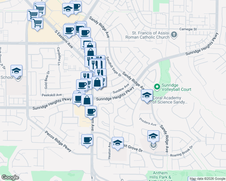 map of restaurants, bars, coffee shops, grocery stores, and more near 2558 New Morning Avenue in Henderson