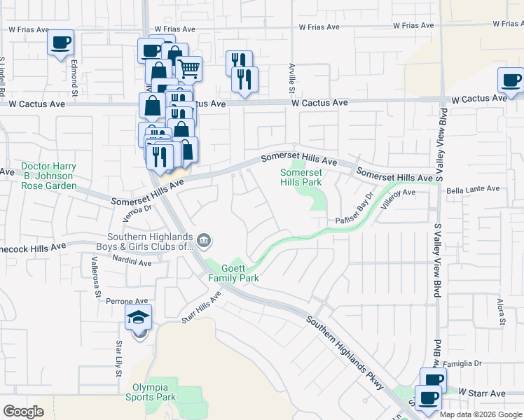map of restaurants, bars, coffee shops, grocery stores, and more near 10774 Del Rudini Street in Las Vegas