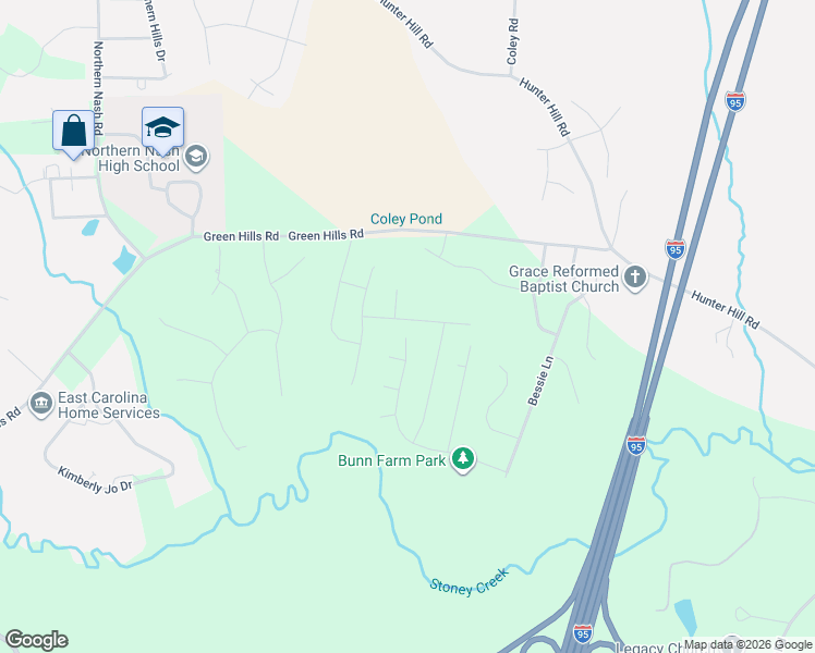 map of restaurants, bars, coffee shops, grocery stores, and more near 4789 Green Hills Road in Rocky Mount
