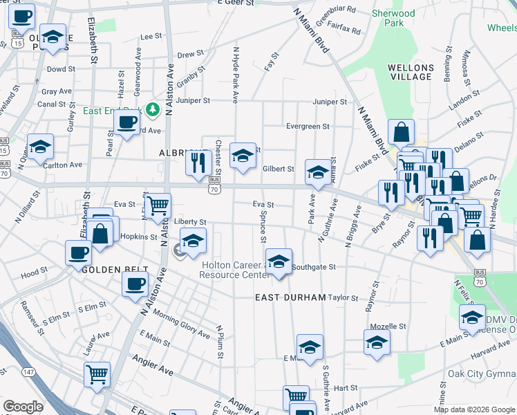map of restaurants, bars, coffee shops, grocery stores, and more near 1118 Holloway Street in Durham