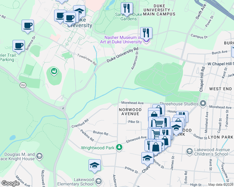map of restaurants, bars, coffee shops, grocery stores, and more near 912 Anderson Street in Durham