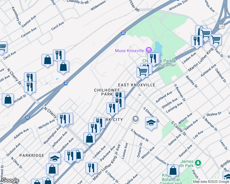 map of restaurants, bars, coffee shops, grocery stores, and more near 2922 Woodbine Avenue in Knoxville
