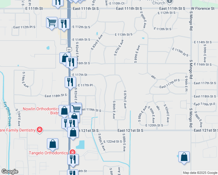 map of restaurants, bars, coffee shops, grocery stores, and more near 11720 South 86th East Avenue in Bixby