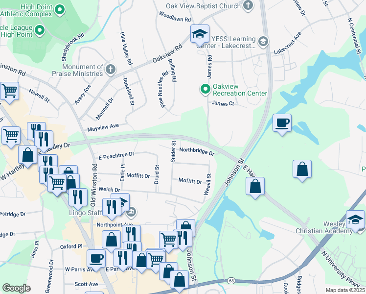 map of restaurants, bars, coffee shops, grocery stores, and more near 417 Northbridge Drive in High Point