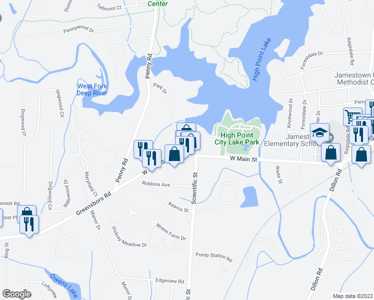 map of restaurants, bars, coffee shops, grocery stores, and more near 24 Cedar Creek in Jamestown