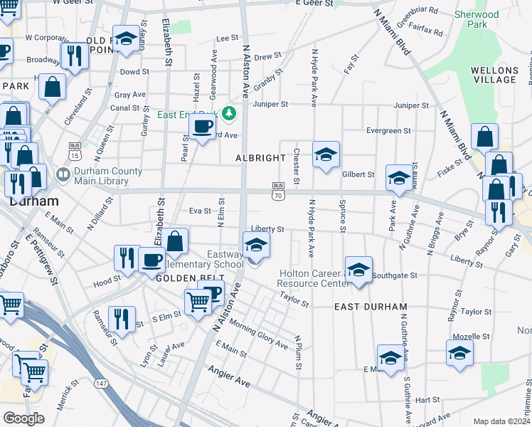 map of restaurants, bars, coffee shops, grocery stores, and more near 917 Liberty Street in Durham