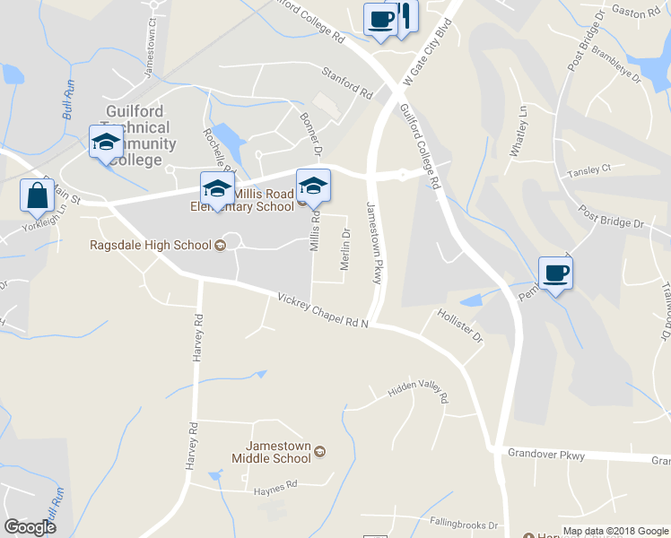 map of restaurants, bars, coffee shops, grocery stores, and more near 4510 Merlin Drive in Greensboro