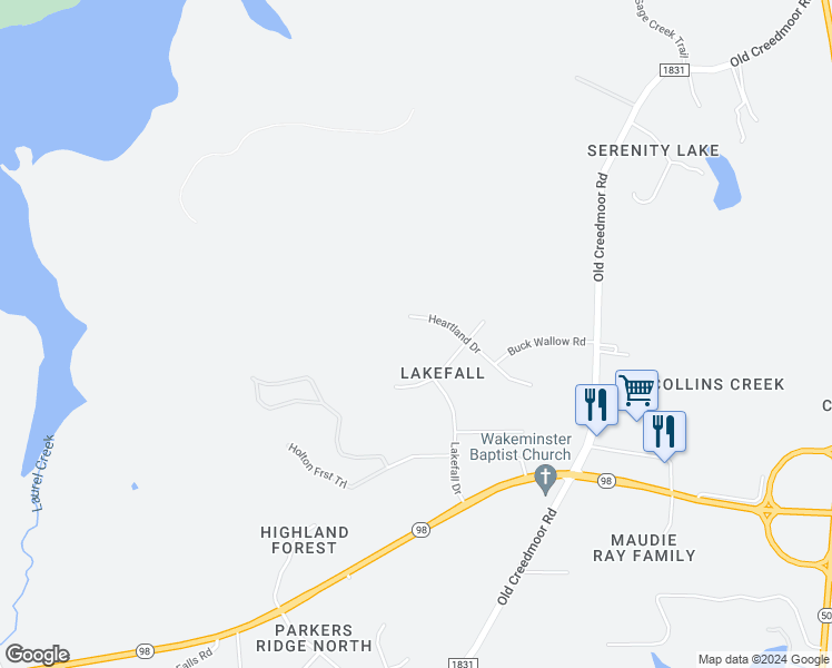 map of restaurants, bars, coffee shops, grocery stores, and more near 7445 Heartland Drive in Wake Forest