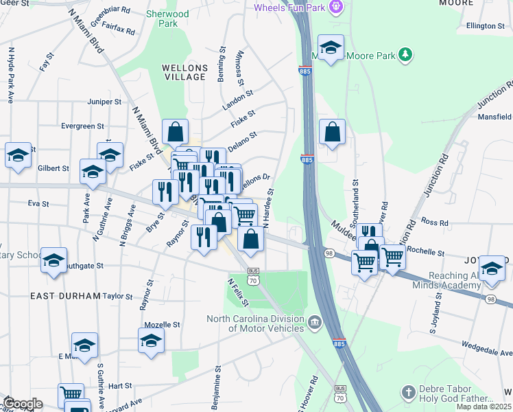 map of restaurants, bars, coffee shops, grocery stores, and more near 1936 Fidelity Drive in Durham