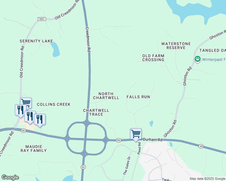 map of restaurants, bars, coffee shops, grocery stores, and more near 1201 Westerham Drive in Wake Forest