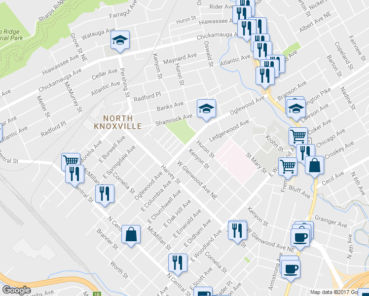 map of restaurants, bars, coffee shops, grocery stores, and more near 725 Oglewood Avenue in Knoxville