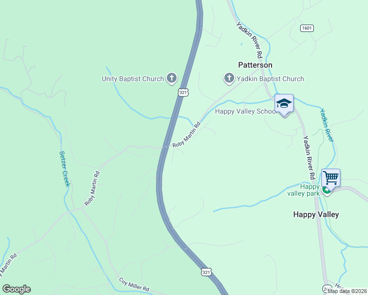 map of restaurants, bars, coffee shops, grocery stores, and more near 2118 Roby Martin Road in Lenoir