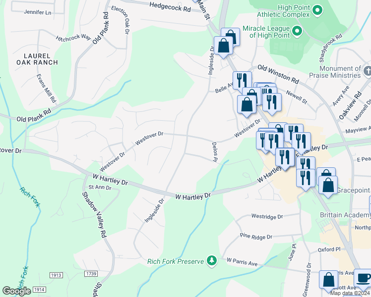 map of restaurants, bars, coffee shops, grocery stores, and more near 2806 Ingleside Drive in High Point
