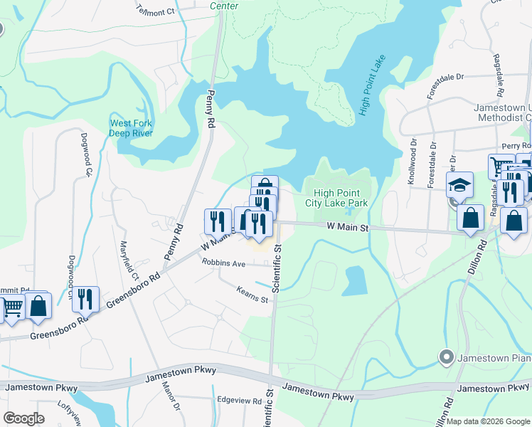 map of restaurants, bars, coffee shops, grocery stores, and more near 11 Cedar Creek in Jamestown