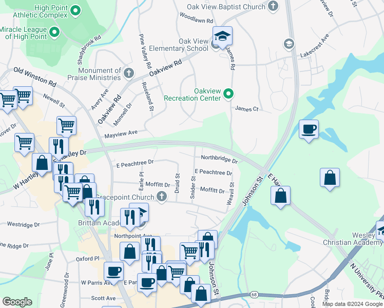 map of restaurants, bars, coffee shops, grocery stores, and more near 397 Northbridge Drive in High Point