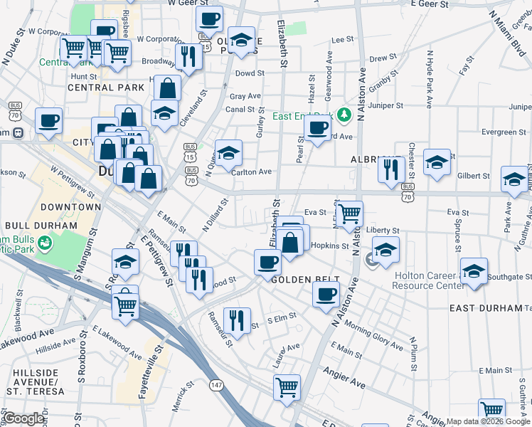 map of restaurants, bars, coffee shops, grocery stores, and more near 223 North Elizabeth Street in Durham