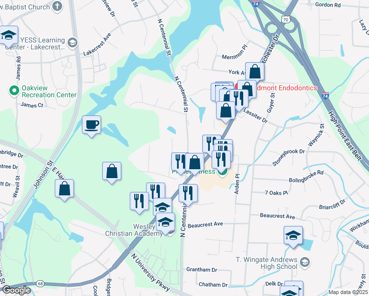 map of restaurants, bars, coffee shops, grocery stores, and more near 2305 North Centennial Street in High Point