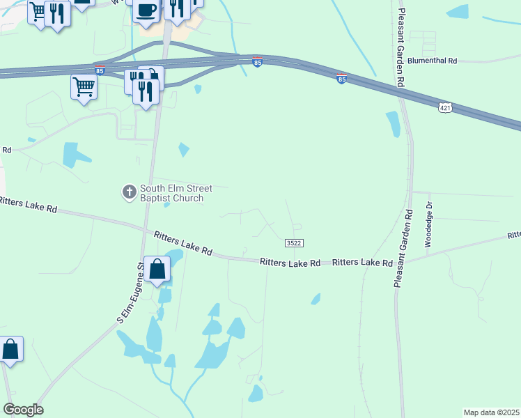 map of restaurants, bars, coffee shops, grocery stores, and more near 4501 Brookgreen Drive in Greensboro