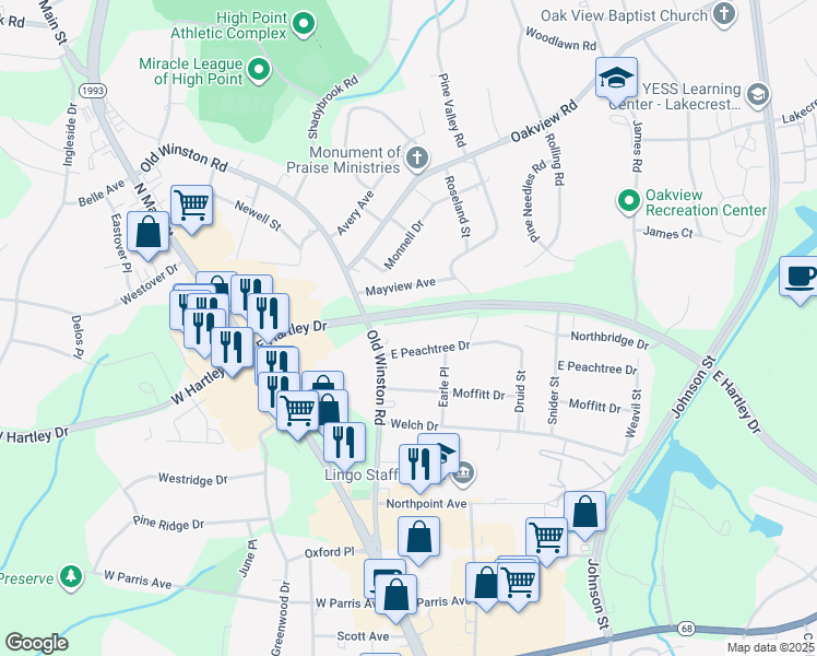 map of restaurants, bars, coffee shops, grocery stores, and more near 114 Sunview Avenue in High Point