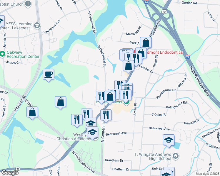 map of restaurants, bars, coffee shops, grocery stores, and more near 2310 North Centennial Street in High Point