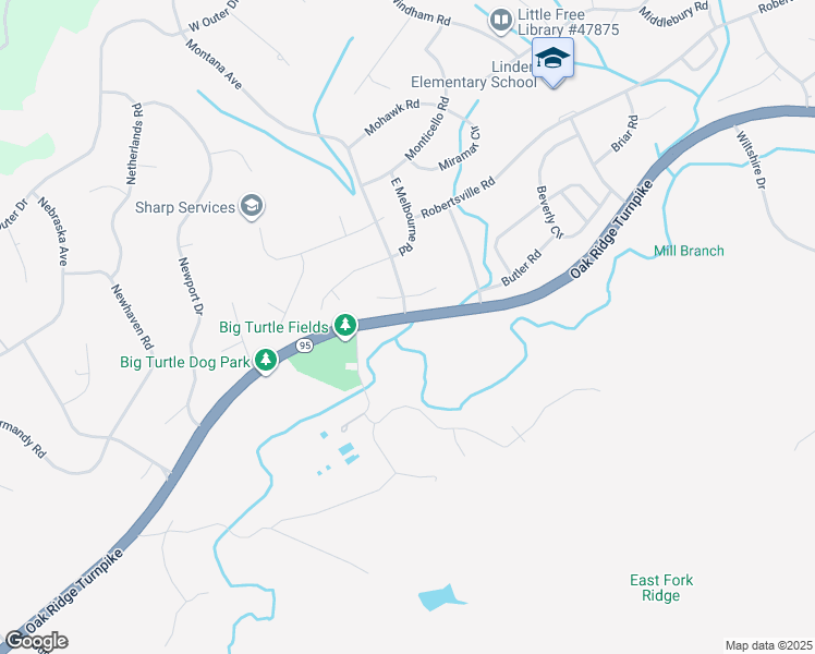 map of restaurants, bars, coffee shops, grocery stores, and more near 100 Montana Avenue in Oak Ridge